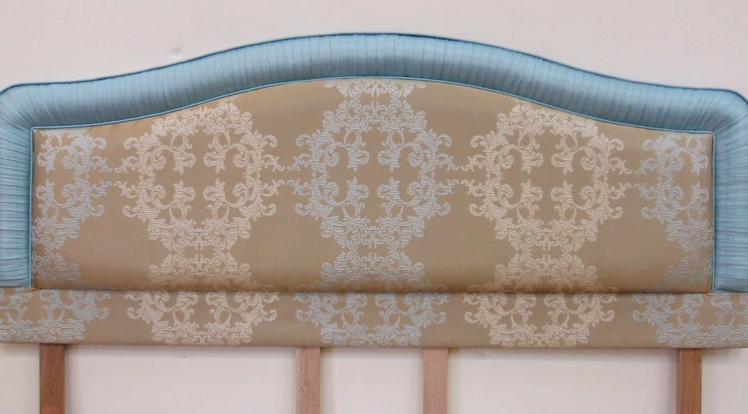 P A Rolls Upholstery Dorset Gold Blue Headboard